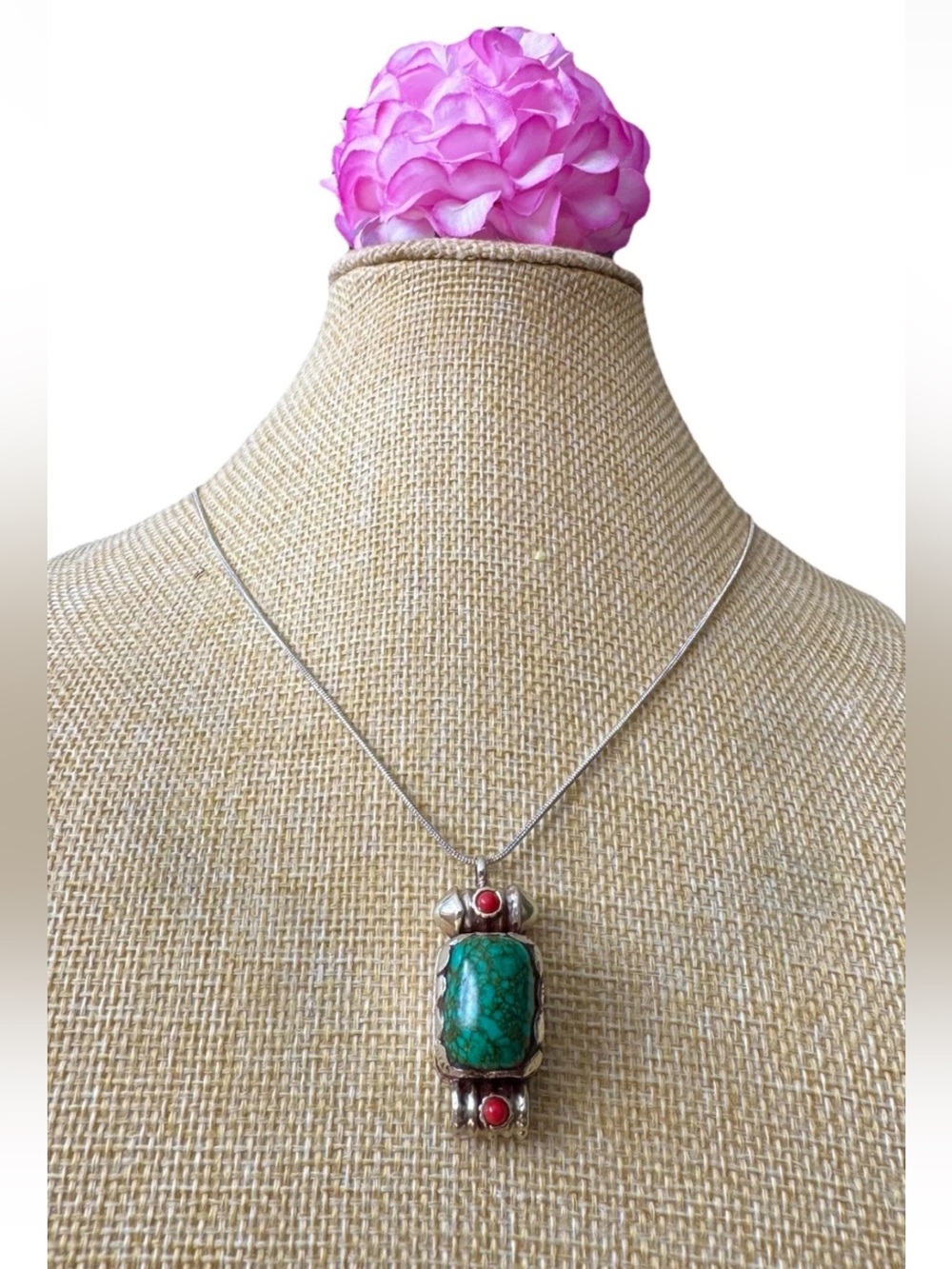 Vintage & Handcrafted Ethnic Tibetan Green Turquoise Pendant set in Silver 10gm